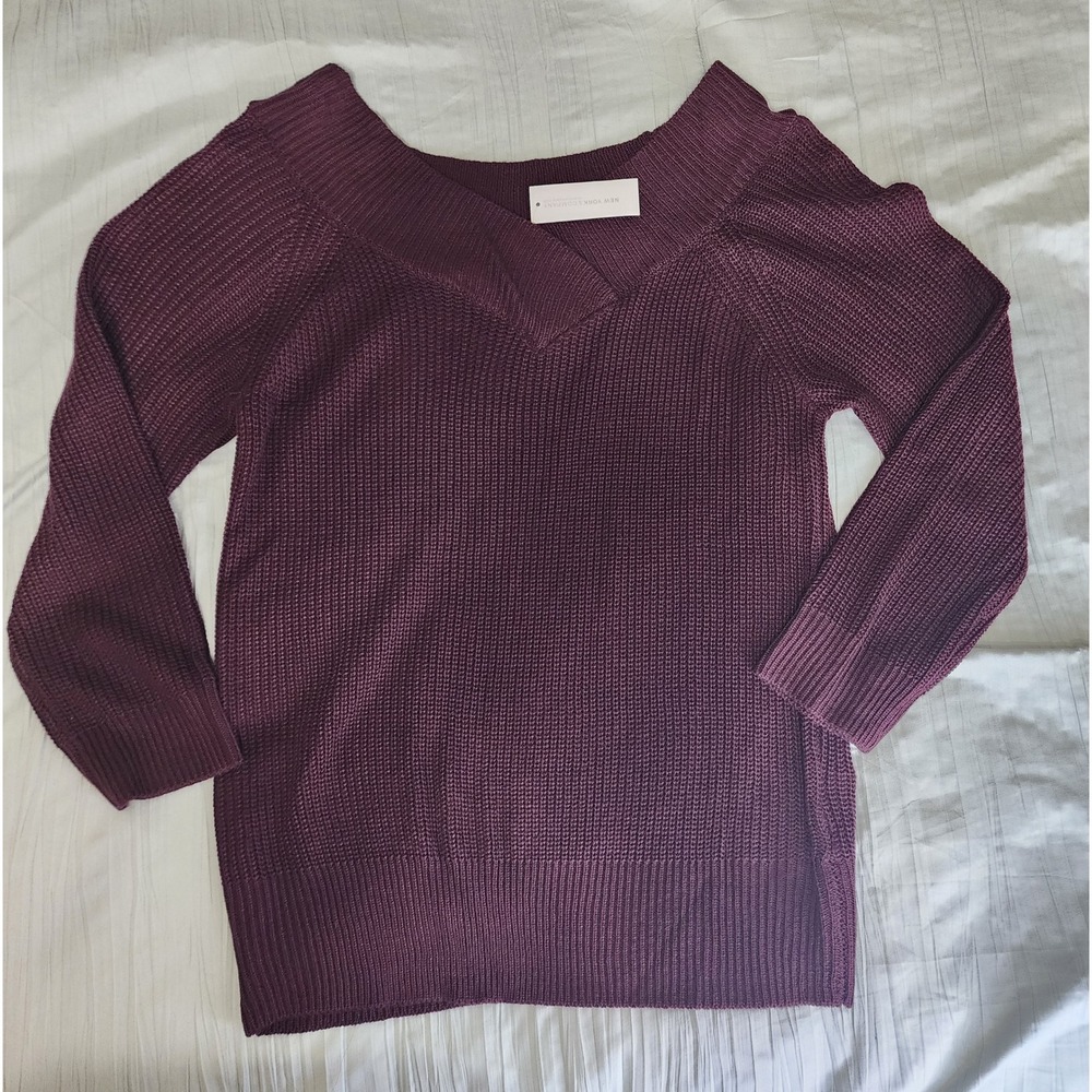 Soho New York & Company V-Neck Sweater Ribbed Knit Plum Burgundy Large